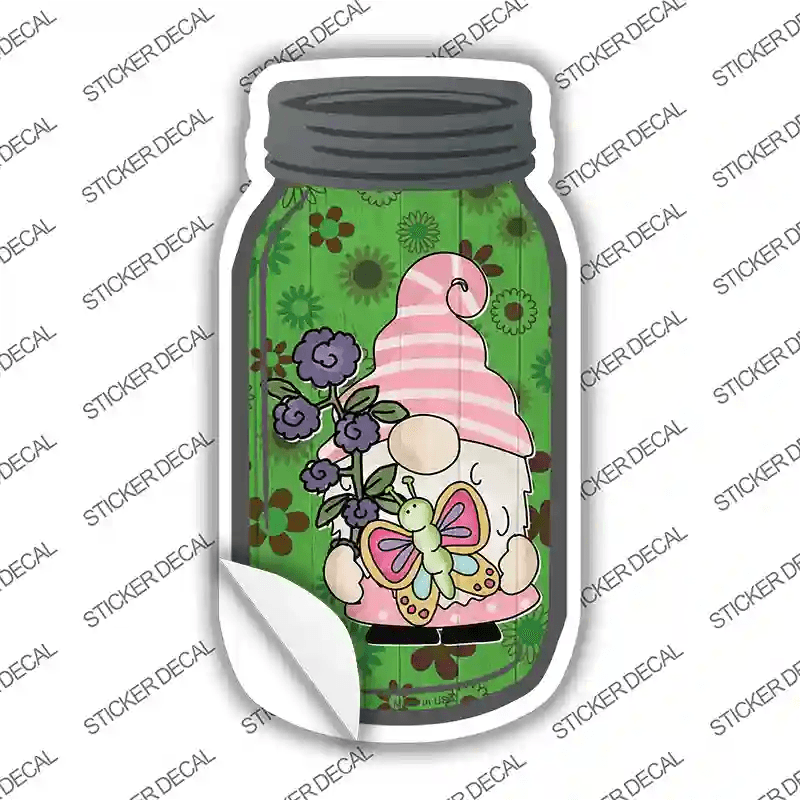 Gnome With Flowers and Butterfly Novelty Mason Jar Sticker Decal image