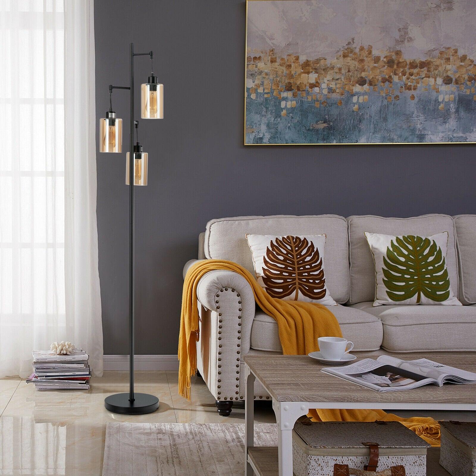 Retro Floor Lamp with 3-Head Hanging Amber Glass Shade image