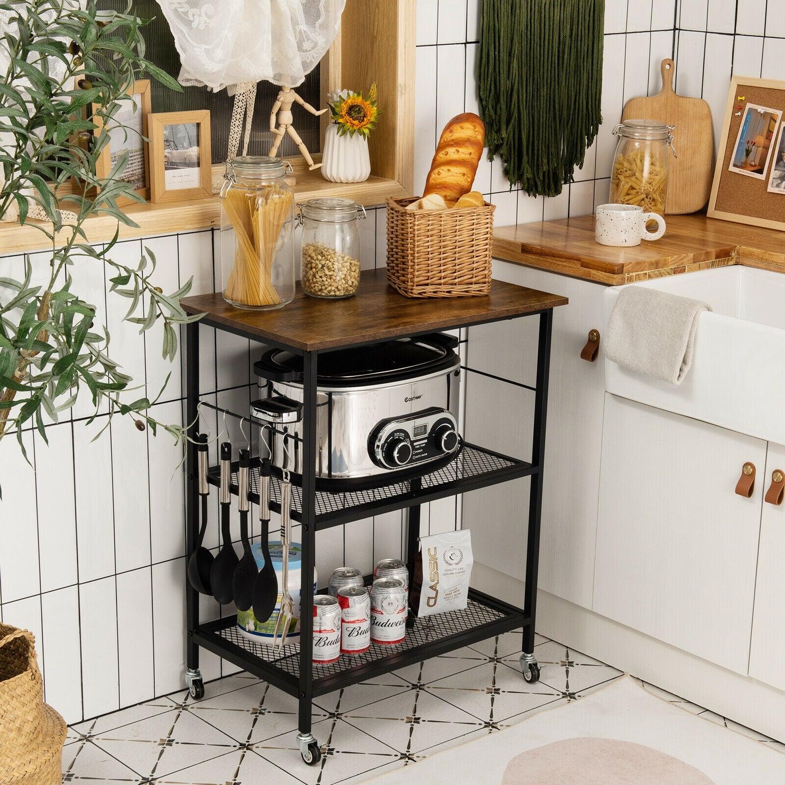 3-Tier Kitchen Serving Cart Utility Standing Microwave Rack with Hooks image