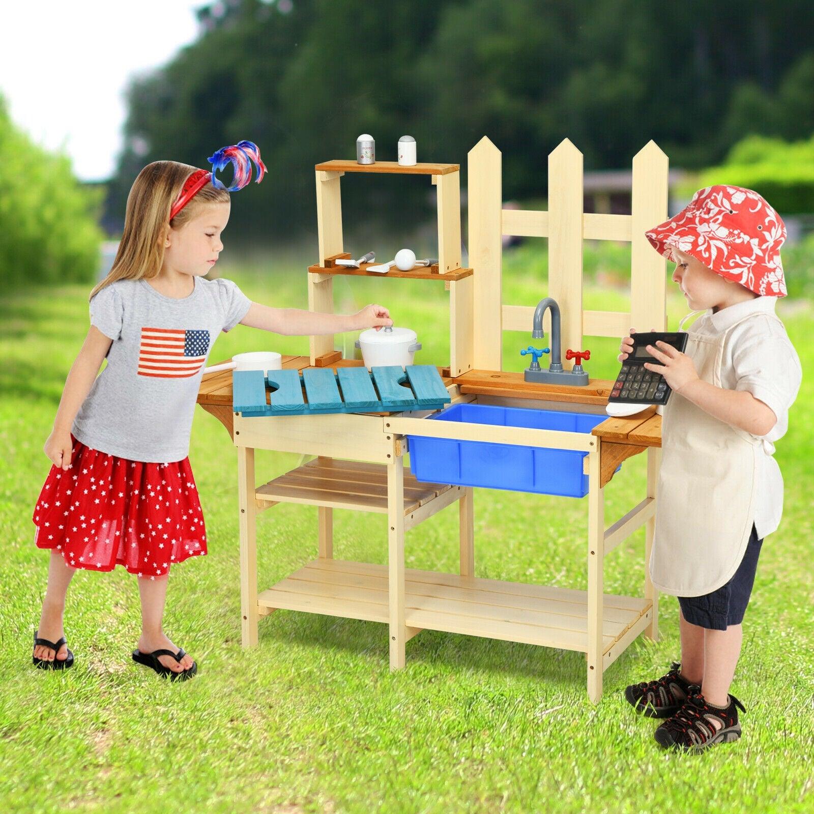 Kid's Outdoor Wooden Pretend Cook Kitchen Playset Toy image
