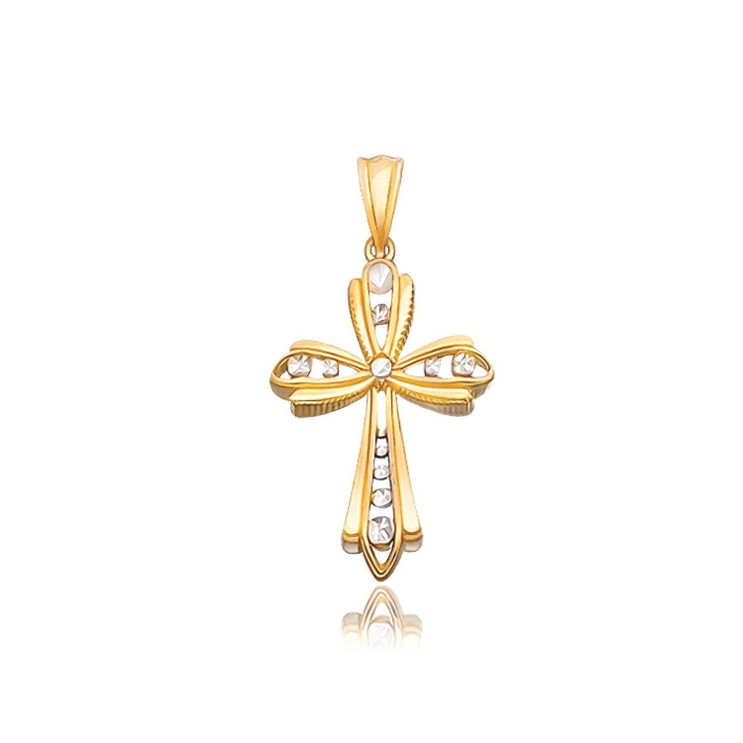 14k Two-Tone Gold Fancy Cross Pendant with Diamond Cuts image