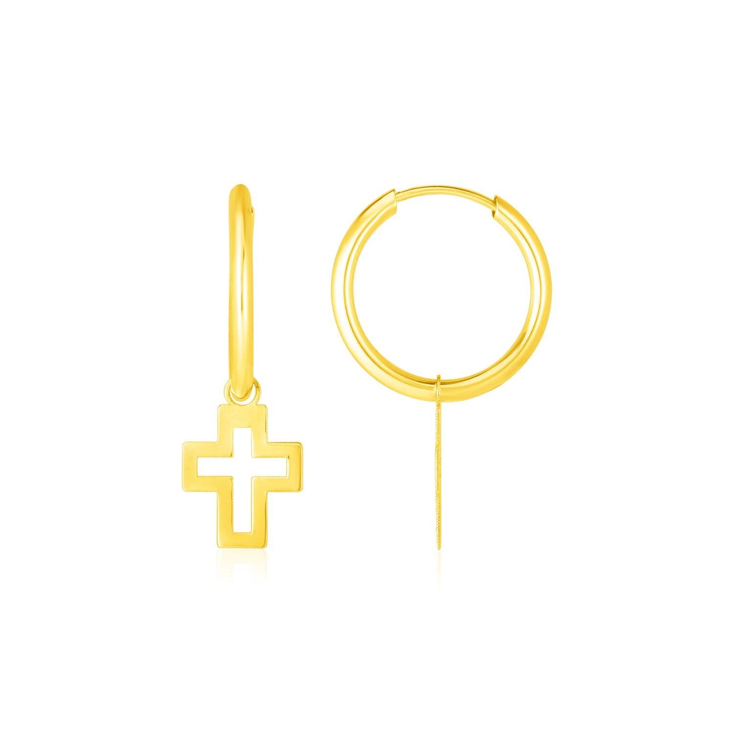 14K Yellow Gold Hoop Polished Earrings with Crosses image