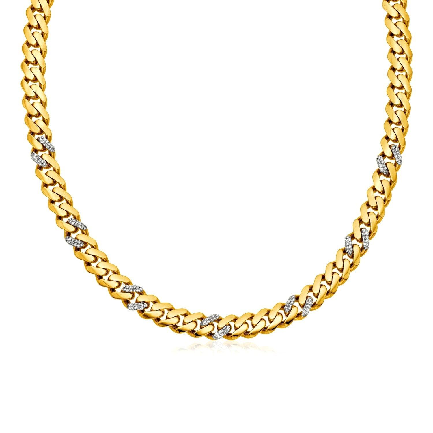 14k Yellow Gold 18 inch Polished Curb Chain Necklace with Diamonds image