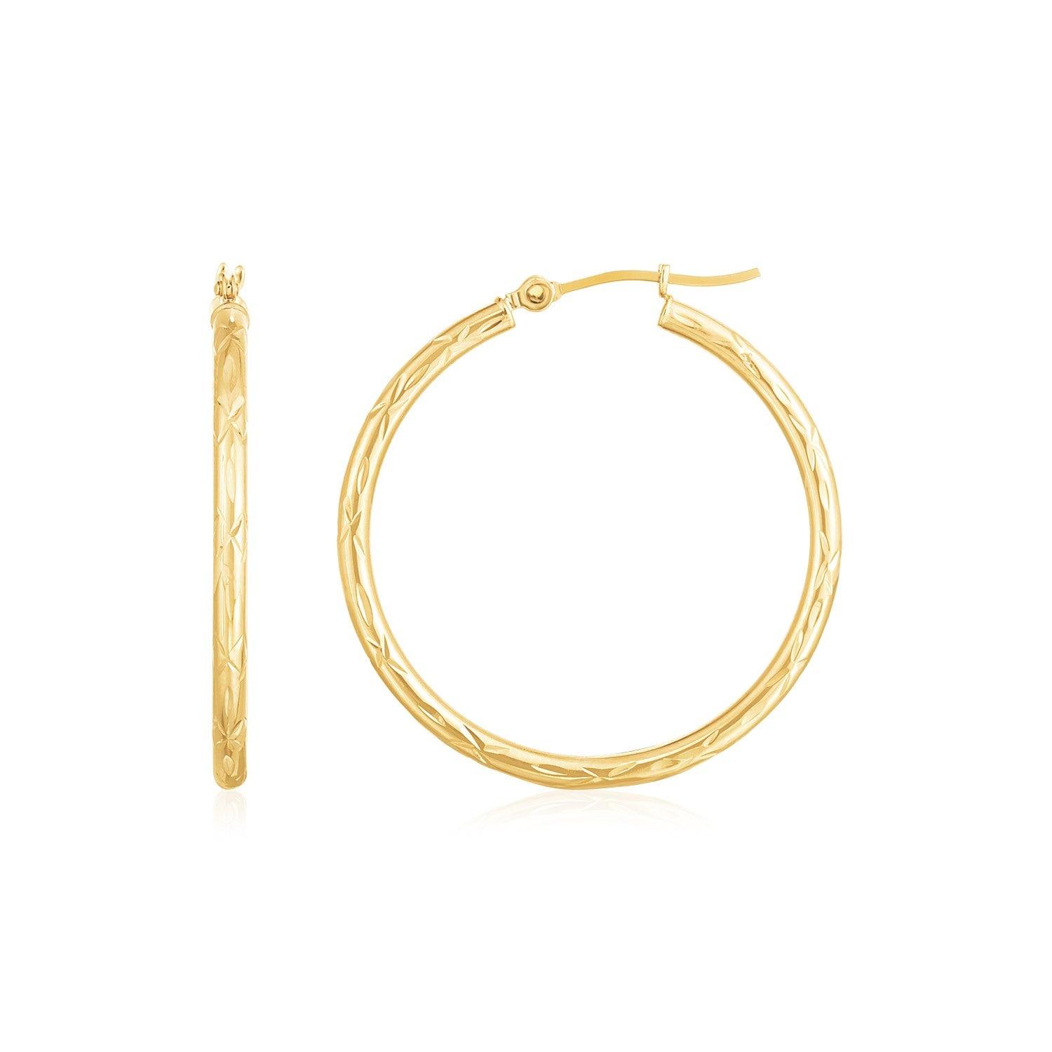 14K Yellow Gold Diamond Cut Hoop Earrings(2x30mm) image