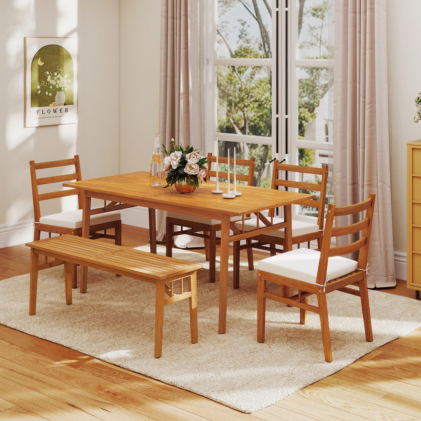 6 Pieces Patio Acacia Wood Dining Set with Bench Rectangular Table and Chairs image