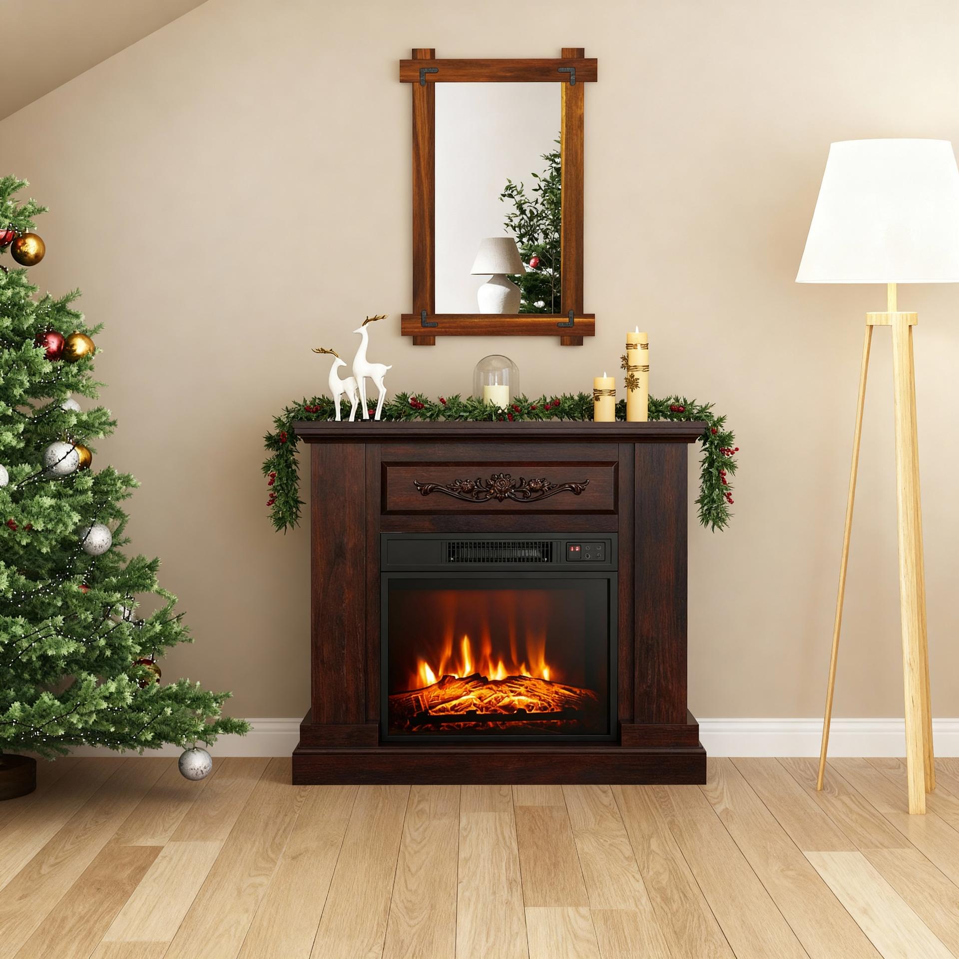 Acacia Wood Mirror & Electric Fireplace TV Stand Set - Rustic Vintage Home Heating Bundle image