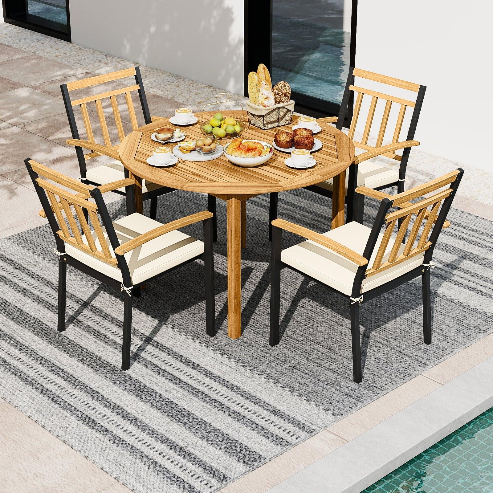 5 Pieces Outdoor Acacia Wood Dining Set Patio Round Table and Metal Chairs with Cushions image