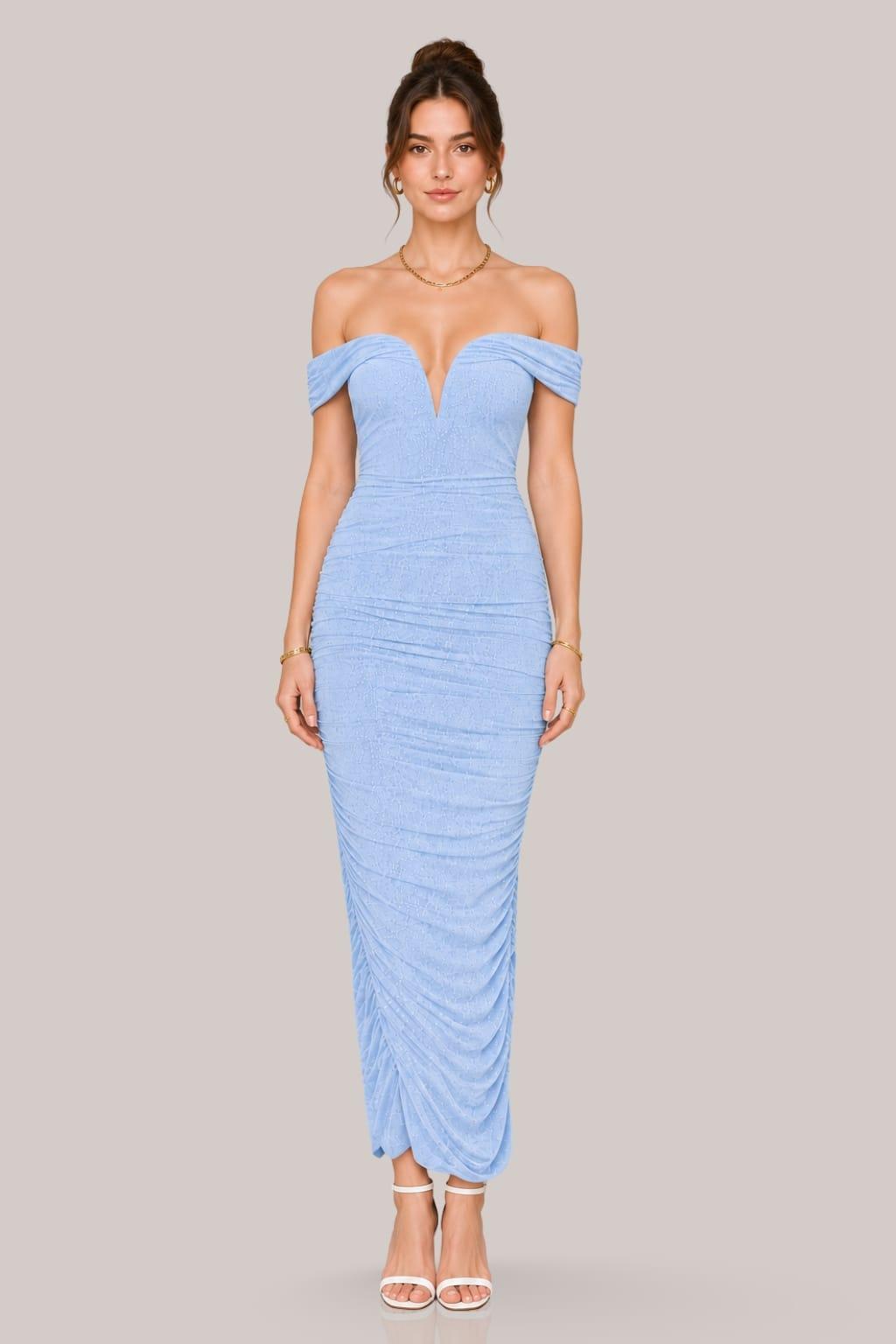Luxe Off-Shoulder Glitter Ruched Gown Luxe Off-Shoulder Glitter Ruched Gown image