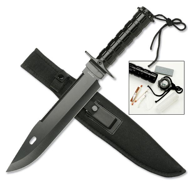 Survival Knife with Survival Kit -All  Black 15" Overall