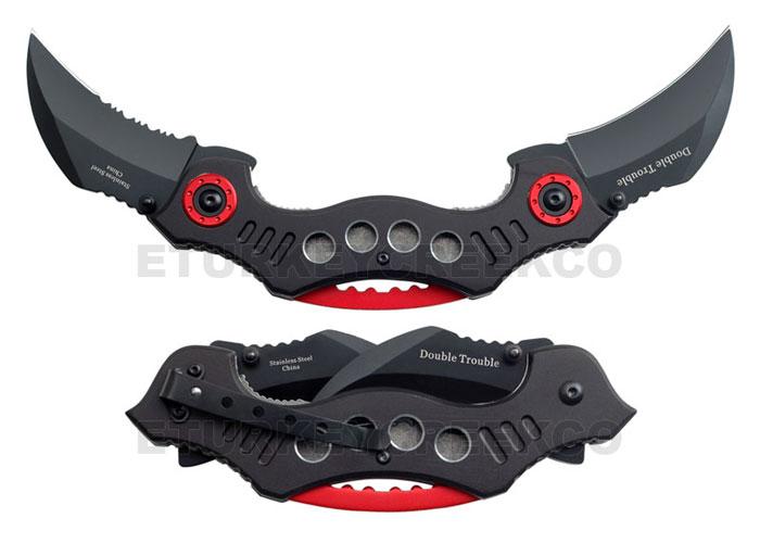 Double Trouble Karambit Spring Assist Knife 4.5" Closed Black