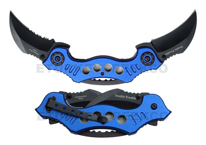 Double Trouble Karambit Spring Assist Knife 4.5" Closed Blue