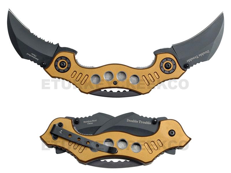 Double Trouble Karambit Spring Assist Knife 4.5" Closed Gold
