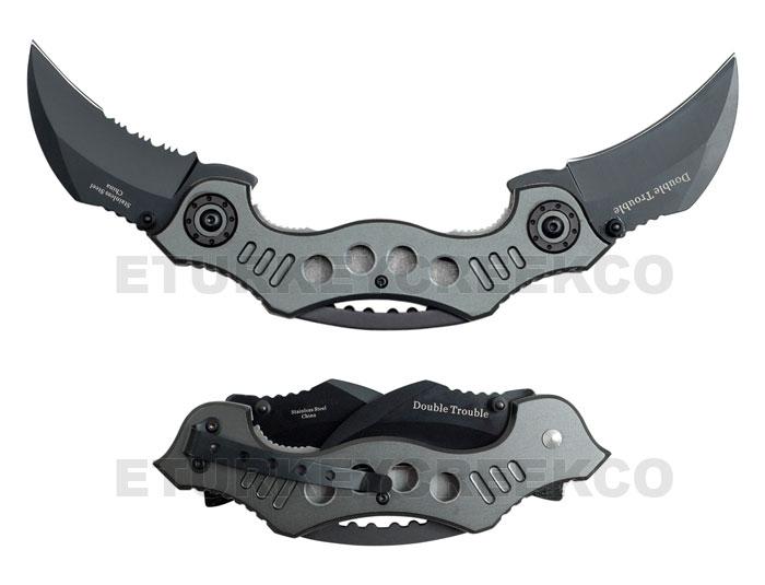 Double Trouble Karambit Spring Assist Knife 4.5" Closed Grey