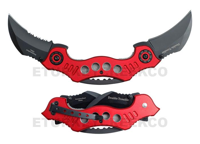Double Trouble Karambit Spring Assist Knife 4.5" Closed Red