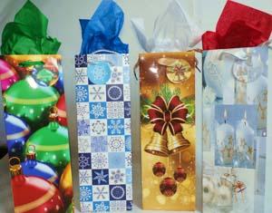 GIFT BAG -BOTTLE /WINE -  XMAS ASST.DESIGNS - - 14"x 4.5"x 3.5" image