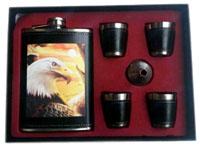 EAGLE W SUNRISE FLASK SET W FOUR SHOT GLASSES & FUNNEL image