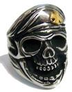 SKULL WITH IRON CROSS BERET HAT STAINLESS STEEL BIKER RING image