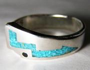 NATIVE TURQUOISE BLUE INLAYED LIGHTNING BOLT SILVER DELUXE BIKER image