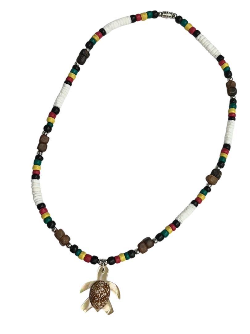 White Clam Shell With Rasta Coco MOP Turtle Pendant Necklace image