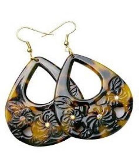 40MM Flower Carved Brown Faux Turtle Shell Tear Drop Earrings image