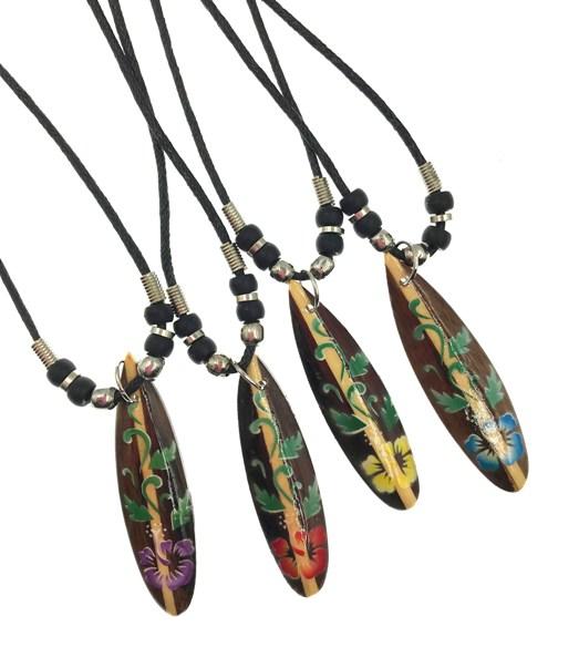 Wooden Malibu Surf Board With Hibiscus Flower Pendant Necklace image