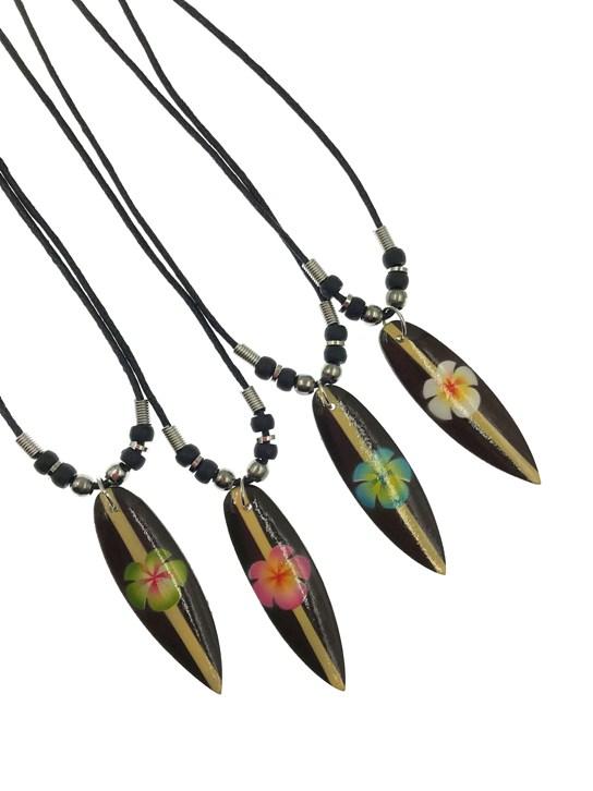 Wooden Malibu Surf Board With Plumeria Flower Pendant Necklace image