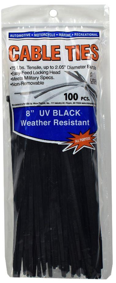 8" UV Black Cable Ties - 100 Pieces