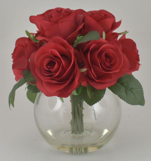 Red Rose Bush in Bubble Glass Vase image