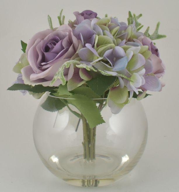 Hydrangea & Rose Bouquet in Bubble Glass Vase image