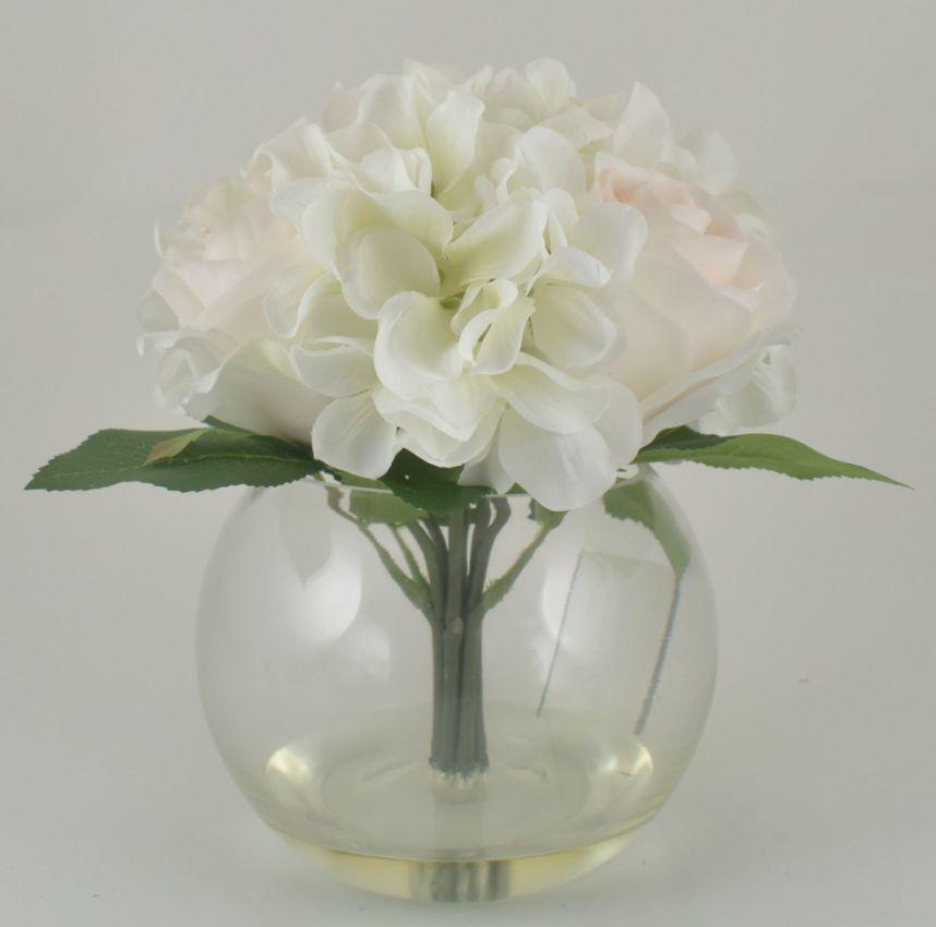 White Hydrangea & Light Pink Rose in Bubble Glass Vase image