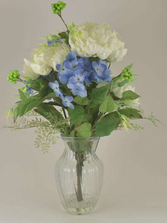 Blue & White Peony & Hydrangea Bouquet in Glass Vase image