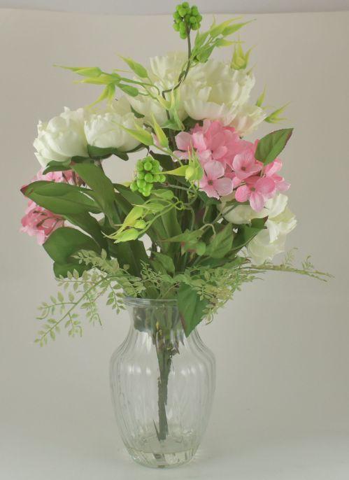 Pink & White Peony & Hydrangea Bouquet in Glass Vase image