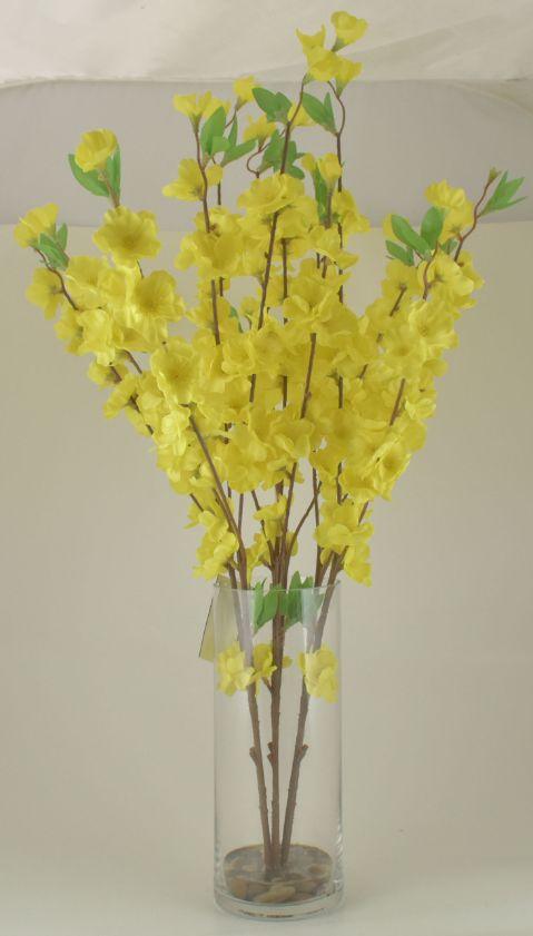 Yellow Peach Blossom Bouquet in Glass Vase image