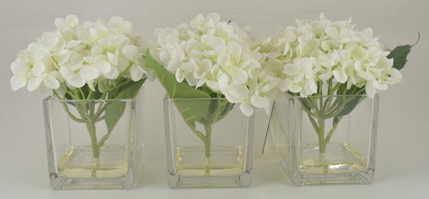 White Hydrangea Bouquet in Glass Cube Vase - Set of 3 image