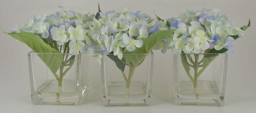 Blue Hydrangea Bouquet in Glass Cube Vase - Set of 3 image