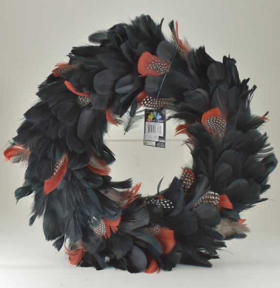 15" Black and Orange Feather Wreath image