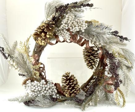 22" Gold Pinecone, Silver Leaf, Brown Glitter, Grapevine wreath image