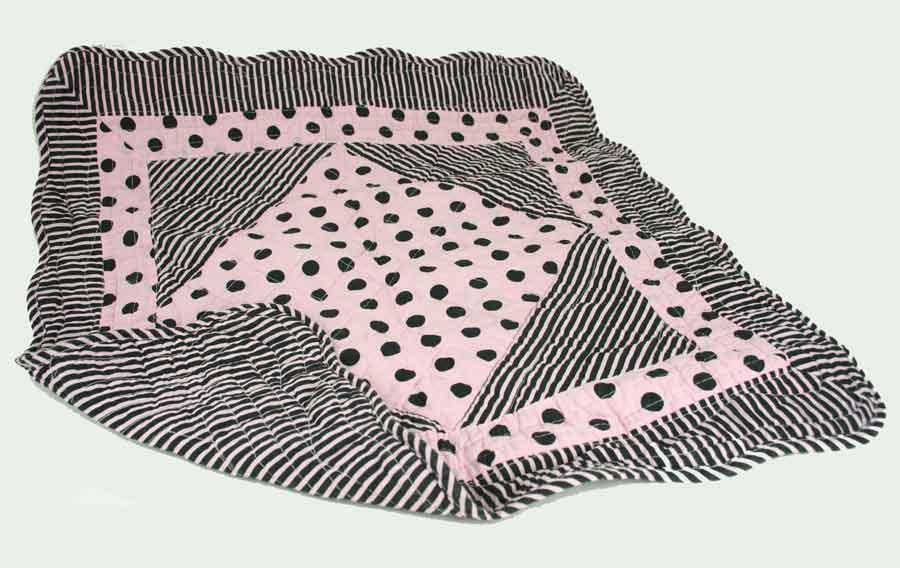 Quilted Center Piece Decor / Doll Quilt - Black Pink Polka Dot image