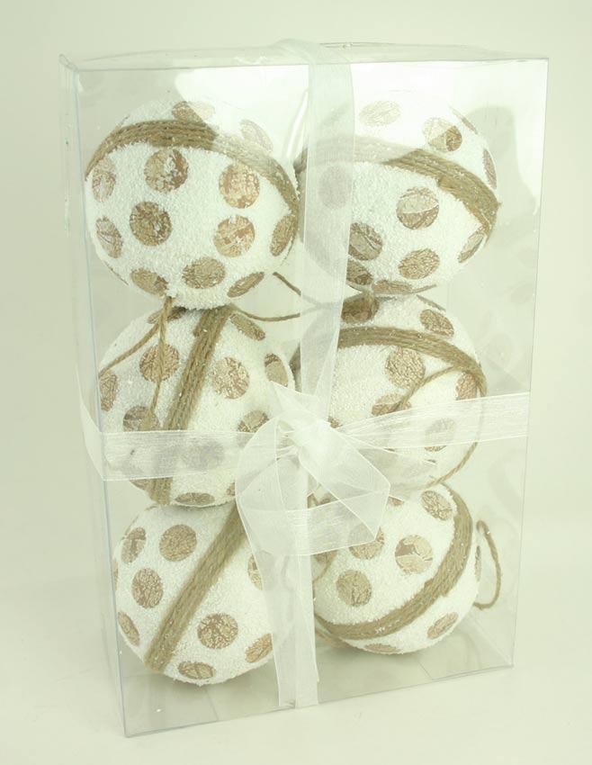 White / Natural Polka Dot Ball Ornament Set of 6 Shabby Chic image
