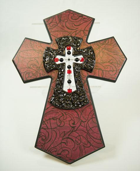 Wooden Cross With Beads Red/Black 17" image
