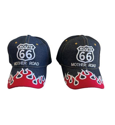 * Route 66 Blue Denim Baseball Caps Embroidered Flames - Black (7508-144)