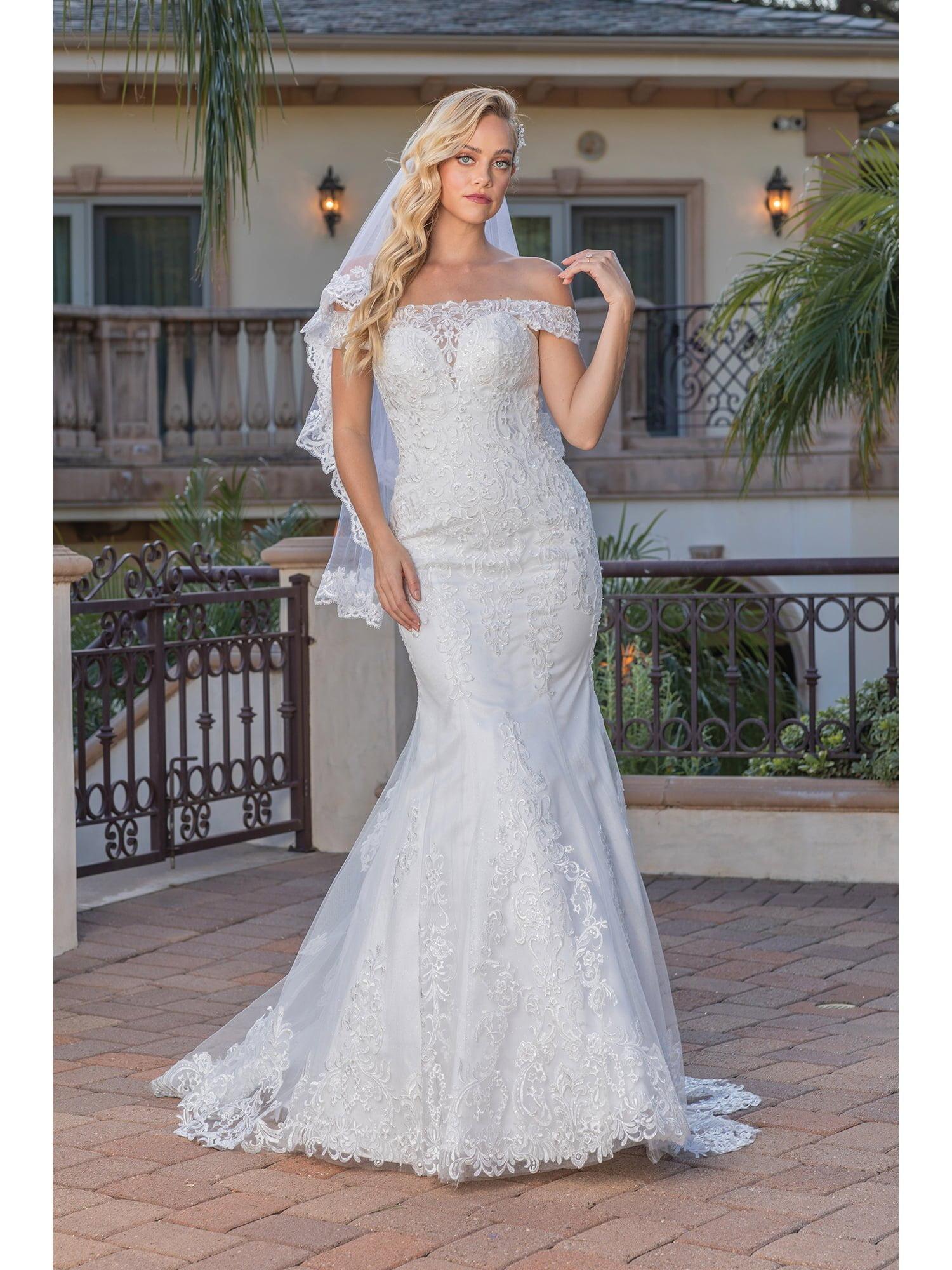 Timeless Lace-Adorned Mermaid Gown with Off-the-Shoulder Neckline and Embellished Veil Wedding Dress - Style 0248 image