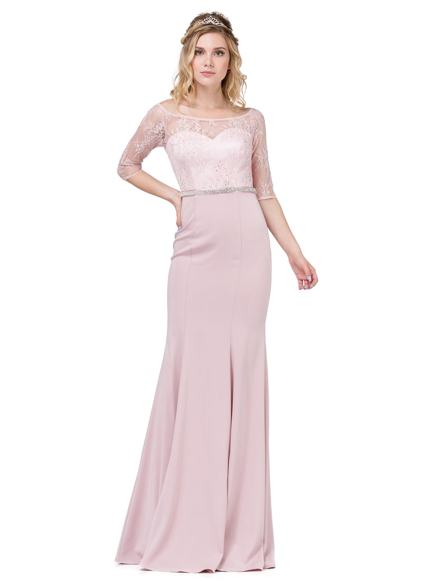 Lace Illusion Neckline Gown with Three-Quarter Sleeves and Beaded Waist Detail Prom Dress - Style 2201