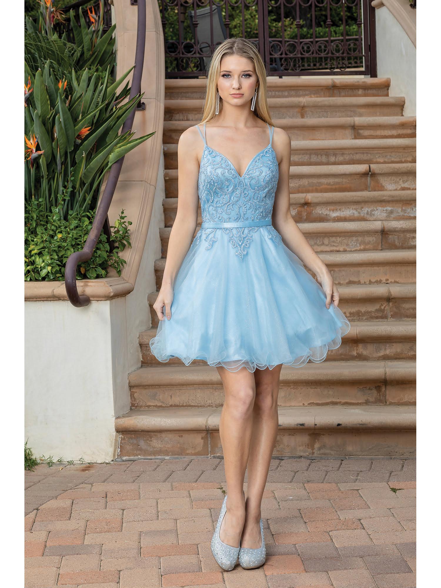 Embroidered Bodice Tulle Skirt Homecoming Dress with V-Neckline and Glittery Pumps Homecoming Dress - Style 3315 image
