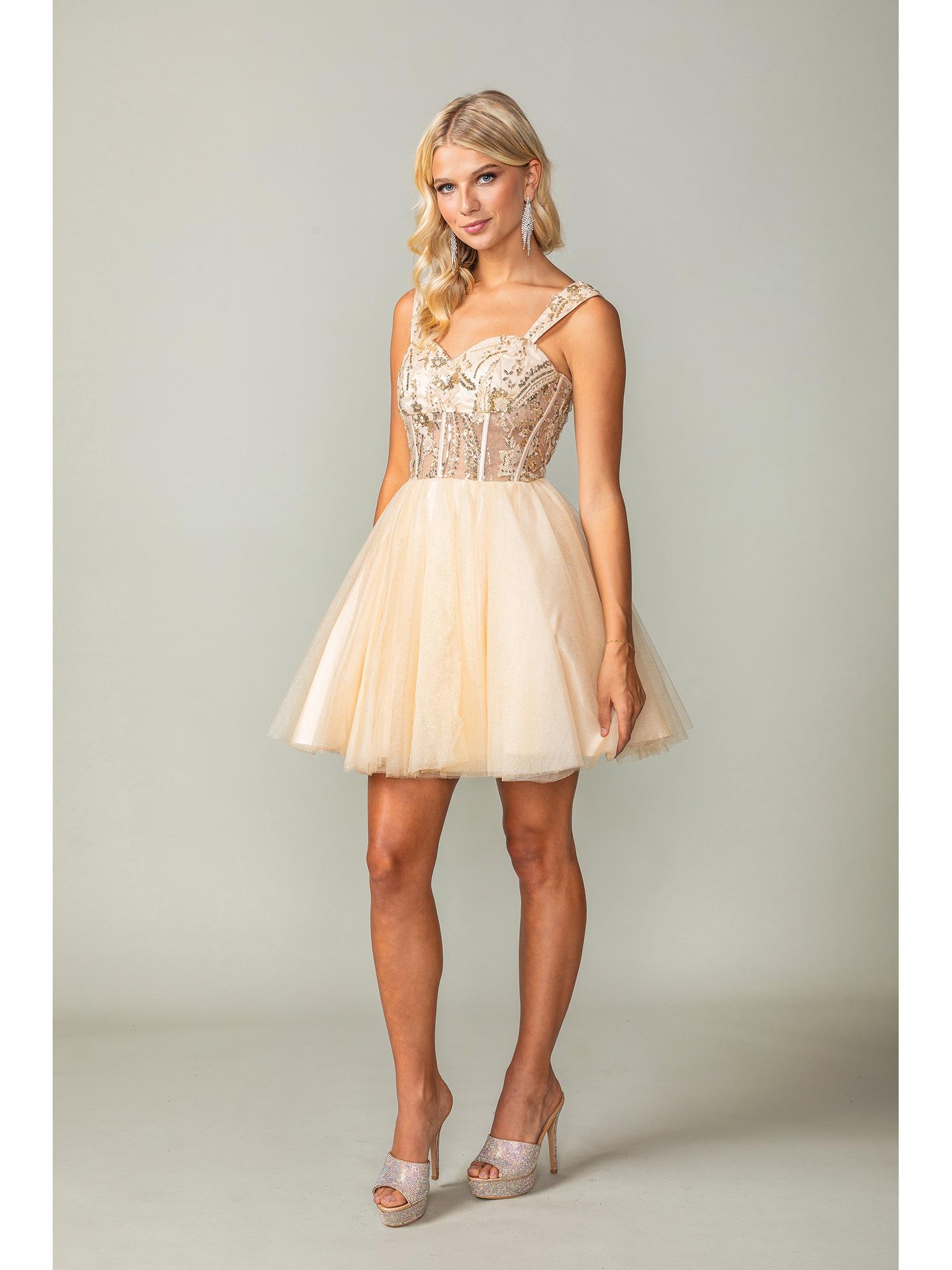 Glittered Tulle Short Dress with Beaded Lace Applique and Corset-Style Back Homecoming Dress - Style 3375 image