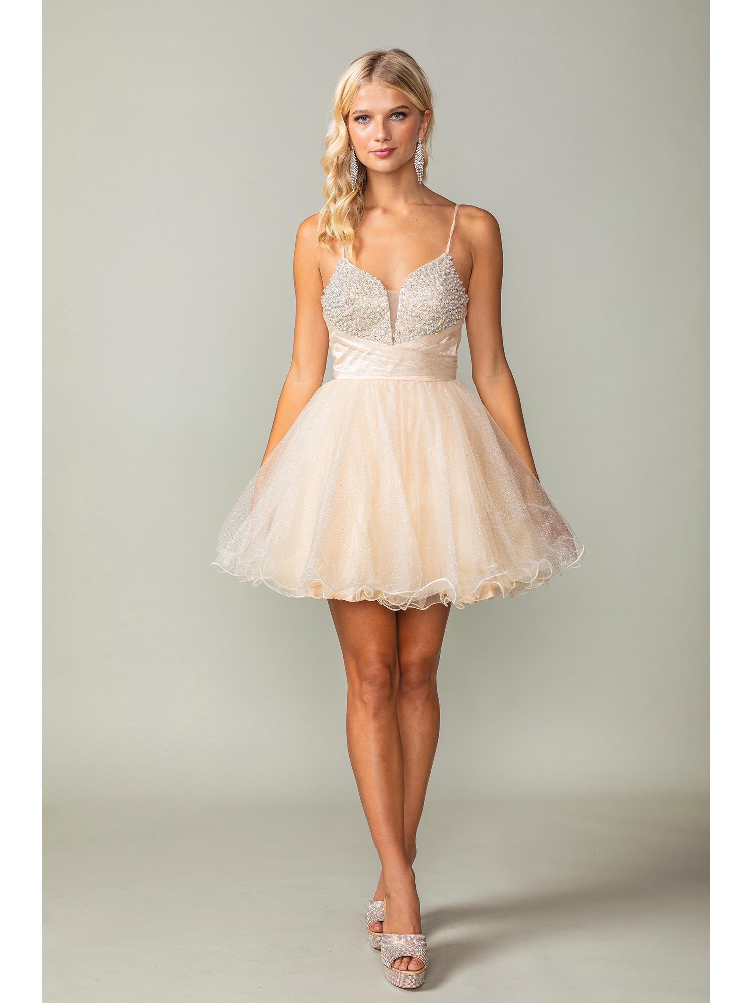 Short Glitter Tulle Dress with Spaghetti Straps and Crisscross Lace-up Back Homecoming Dress - Style 3385 image
