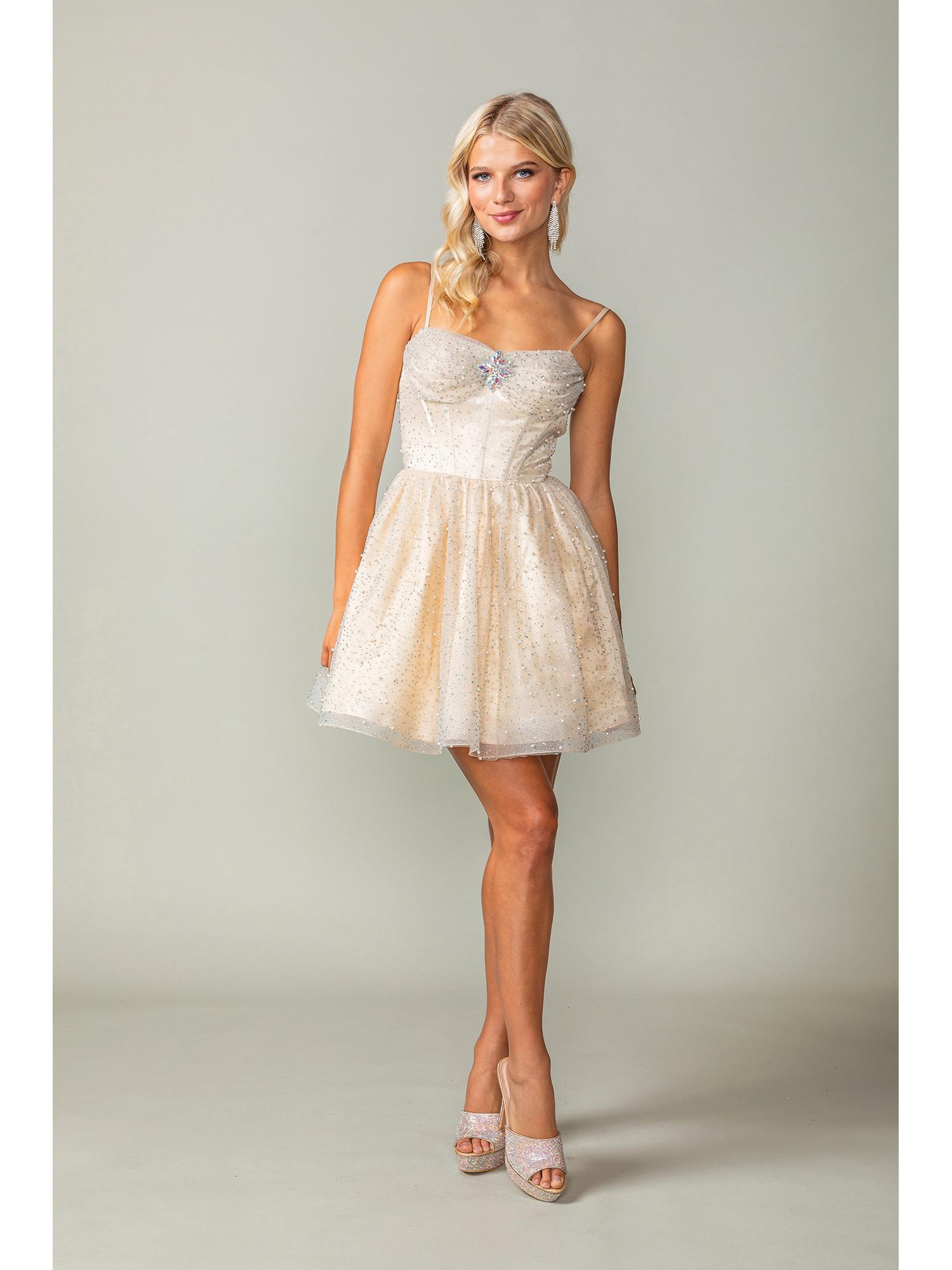 Sparkly Tulle A-Line Dress with Spaghetti Straps and Crisscross Back Detail Homecoming Dress - Style 3389 image