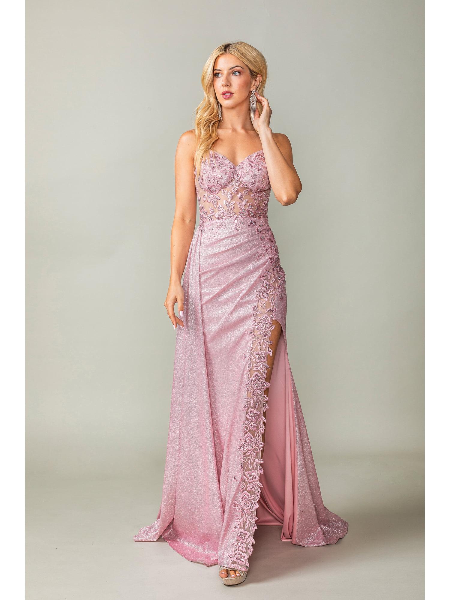 Spaghetti Strap Glitter Gown with Lace-Up Back and Cascading Side Ruffle Prom Dress - Style 4377 image
