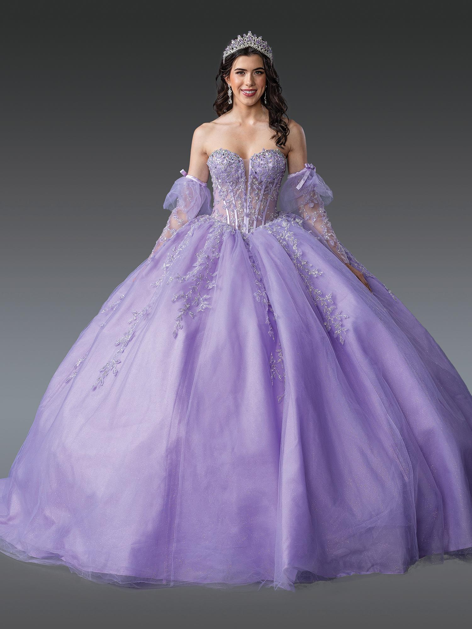 Off-the-Shoulder Quinceanera Dress with Sheer Sleeves, Embroidered Floral Appliques and Full Tulle Skirt - Style 1910 image