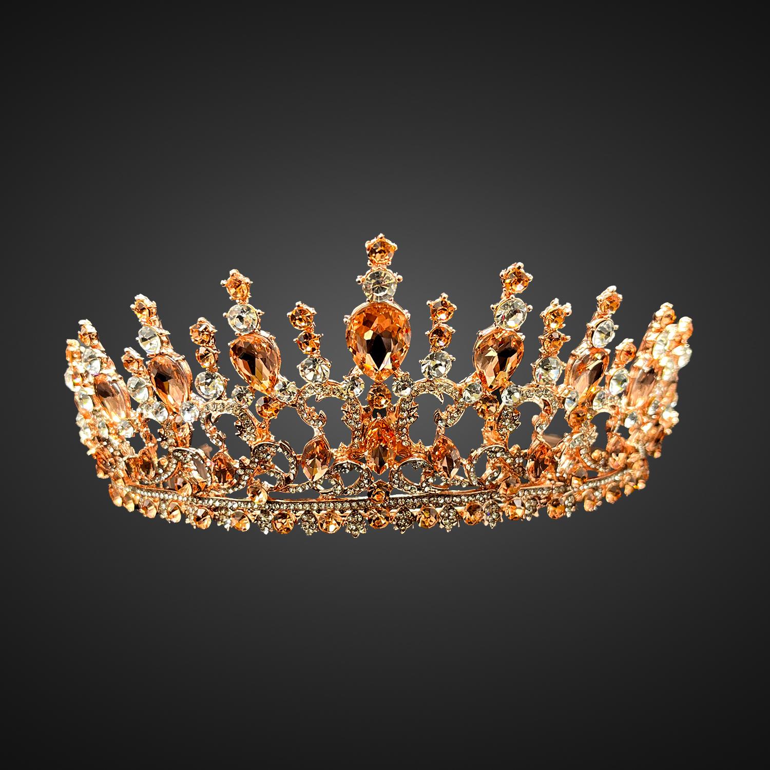 Intricate Crystal Crown with Multi-Height Teardrop and Round Gem Accents - Style CR1000
